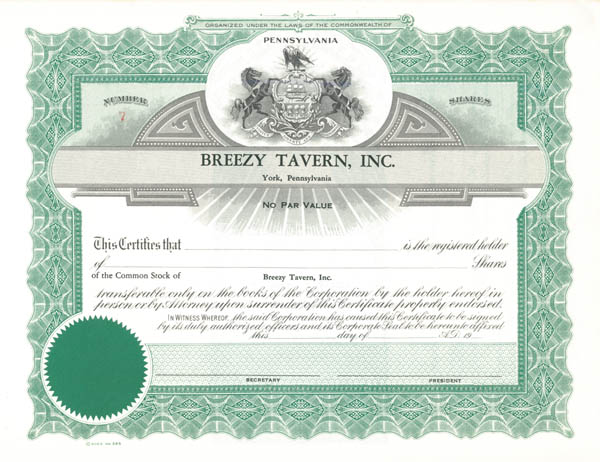 Breezy Tavern, Incorporated - Stock Certificate
